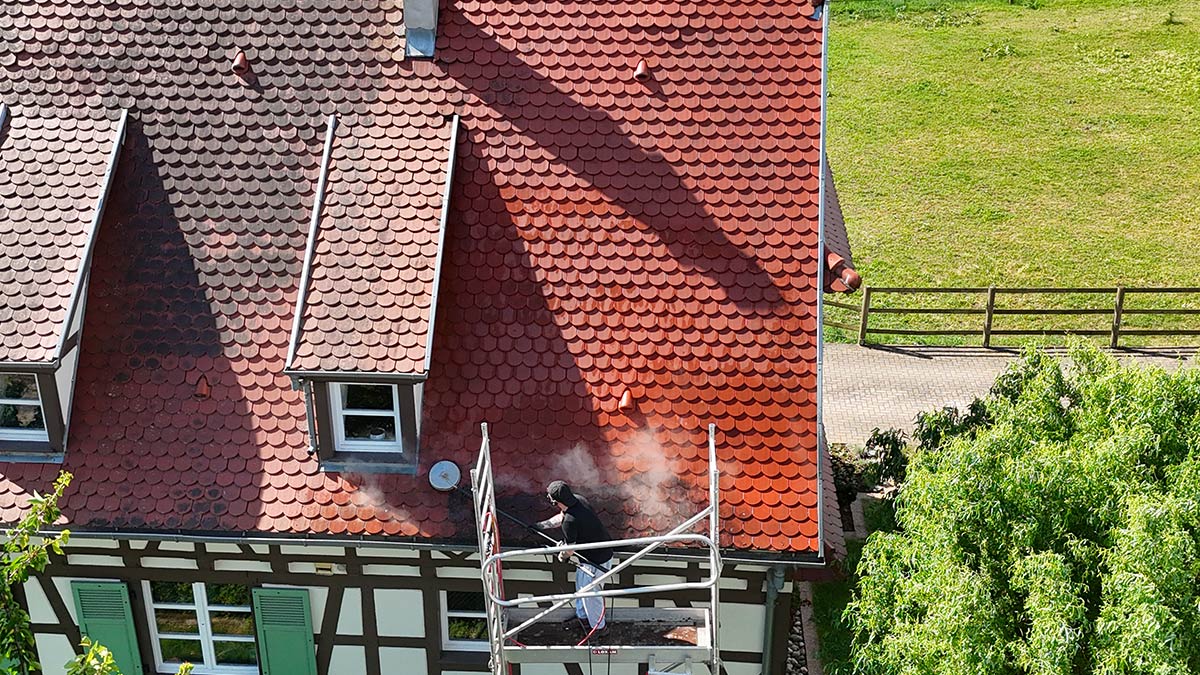 Tuiles de toiture couvertes de mousse épaisse avant démoussage vapeur